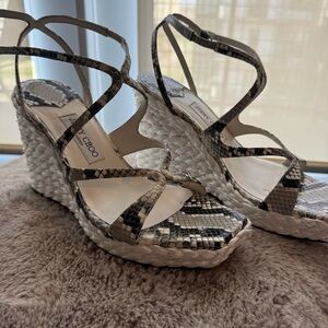Jimmy Choo Ayla Black & White Snake-Print Espadrille Wedge Sandals